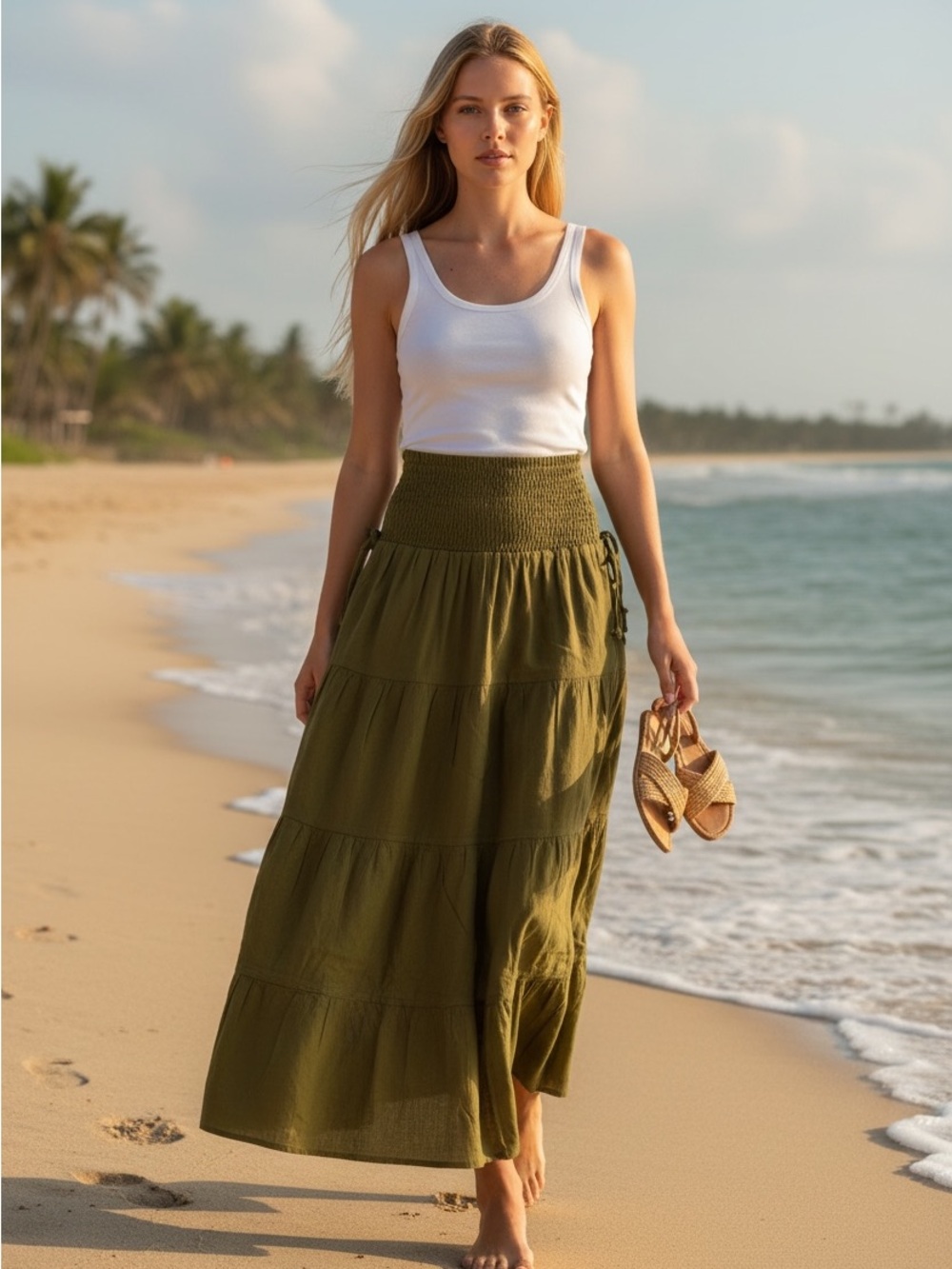 Olive  Maxi Smocked Waist Skirt - Women
